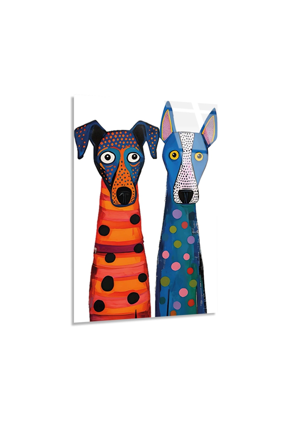 Pop Art Tarzı Renkli İki Benekli İki Köpek Figürü Cam Tablo