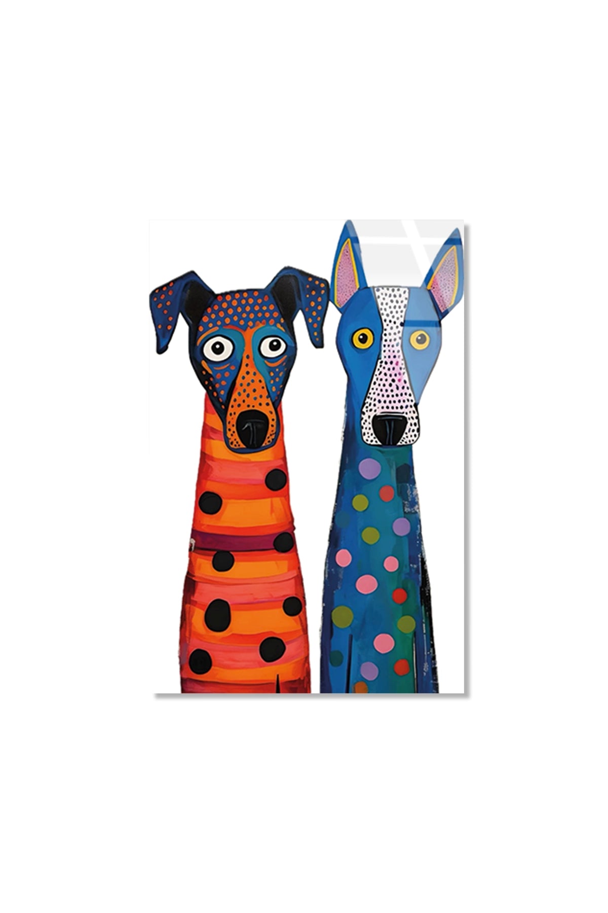 Pop Art Tarzı Renkli İki Benekli İki Köpek Figürü Cam Tablo