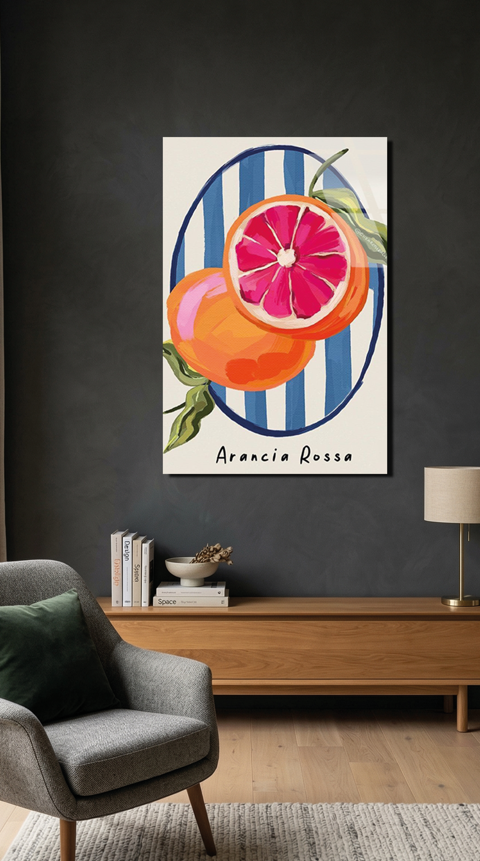 Portakal Meyve Deseni Retro İllüstrasyon Cam Tablo | Vitraum