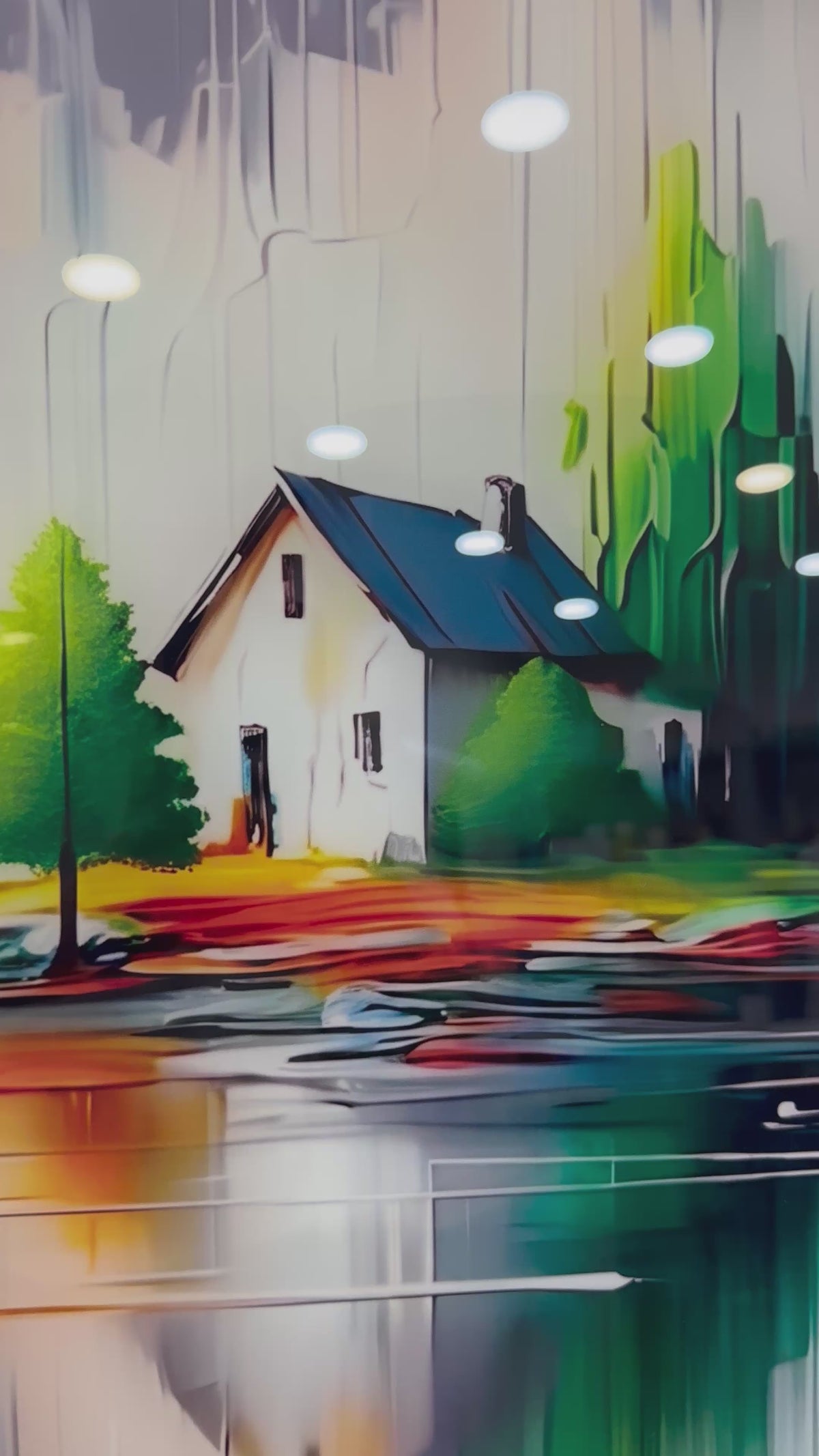 Mistik Göl Manzarası ve Yalnız Ev Soyut Sanat Cam Tablo