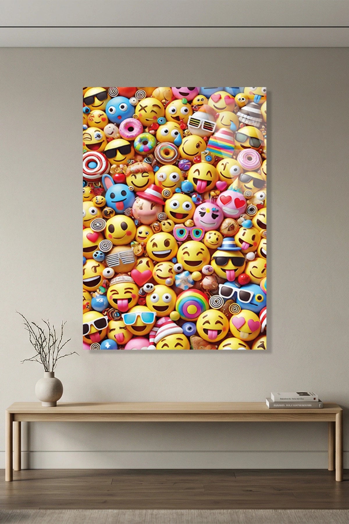 Rengarenk Emoji ve Surat İfadeleri Desenli Cam Tablo