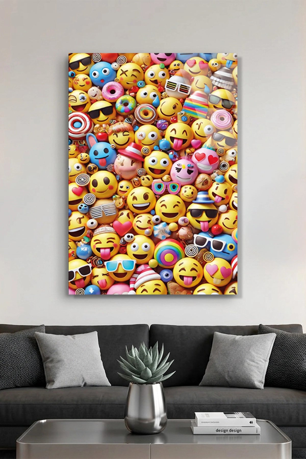 Rengarenk Emoji ve Surat İfadeleri Desenli Cam Tablo