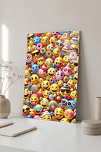 Rengarenk Emoji ve Surat İfadeleri Desenli Cam Tablo
