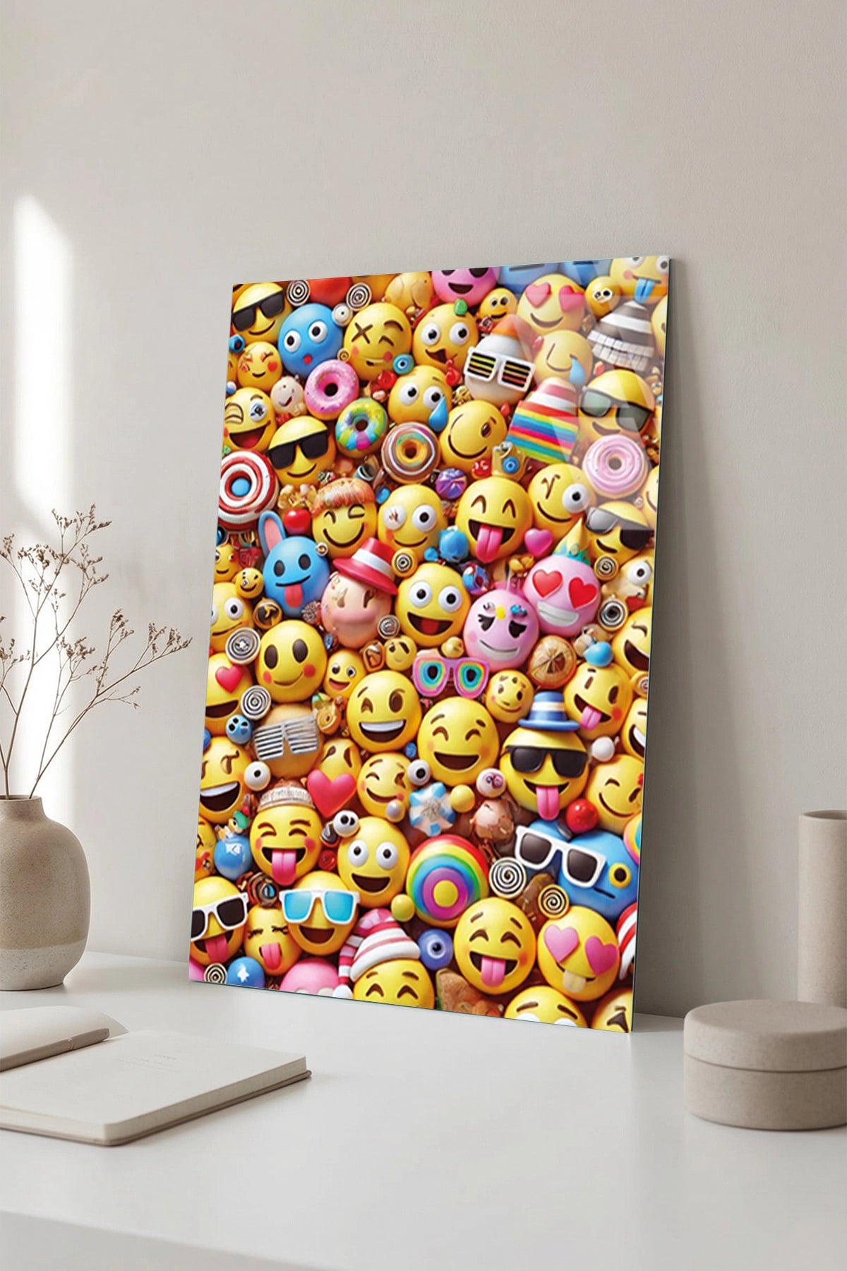 Rengarenk Emoji ve Surat İfadeleri Desenli Cam Tablo