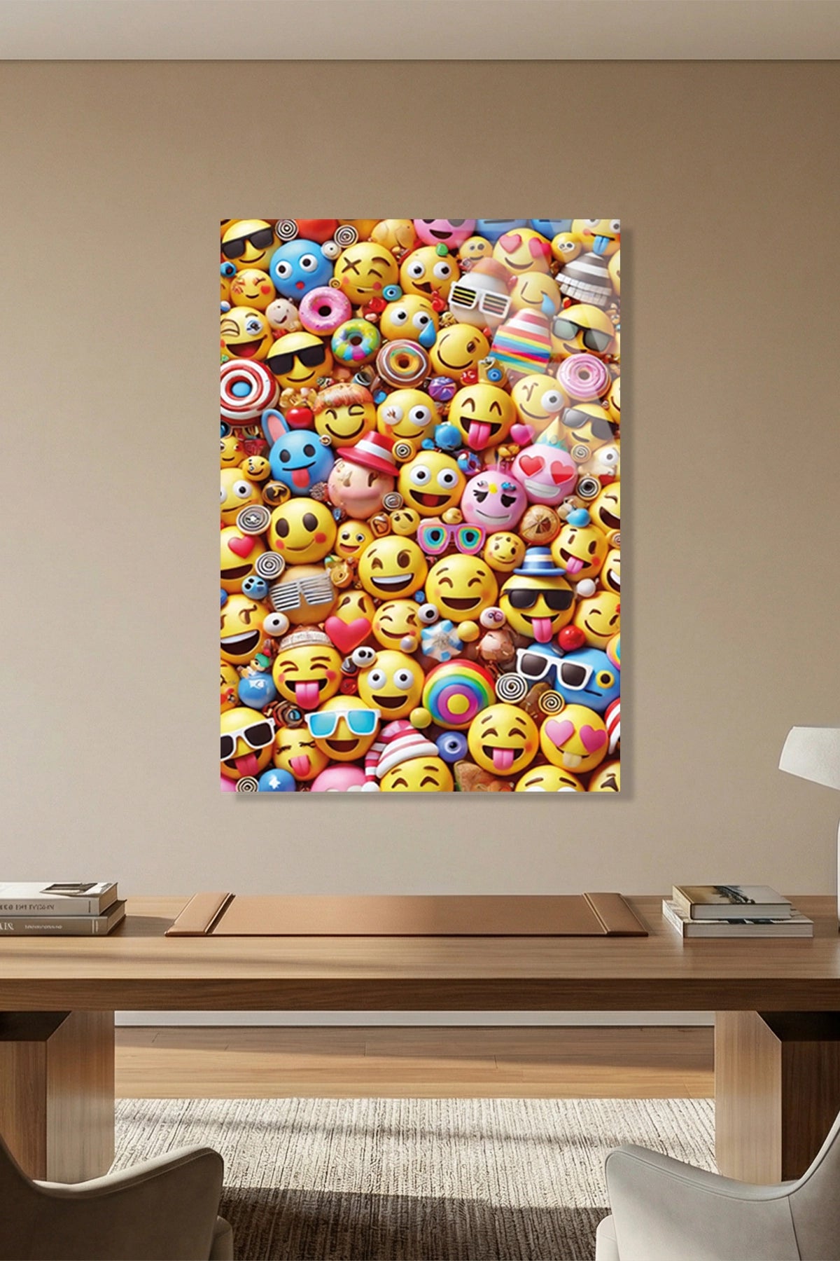 Rengarenk Emoji ve Surat İfadeleri Desenli Cam Tablo