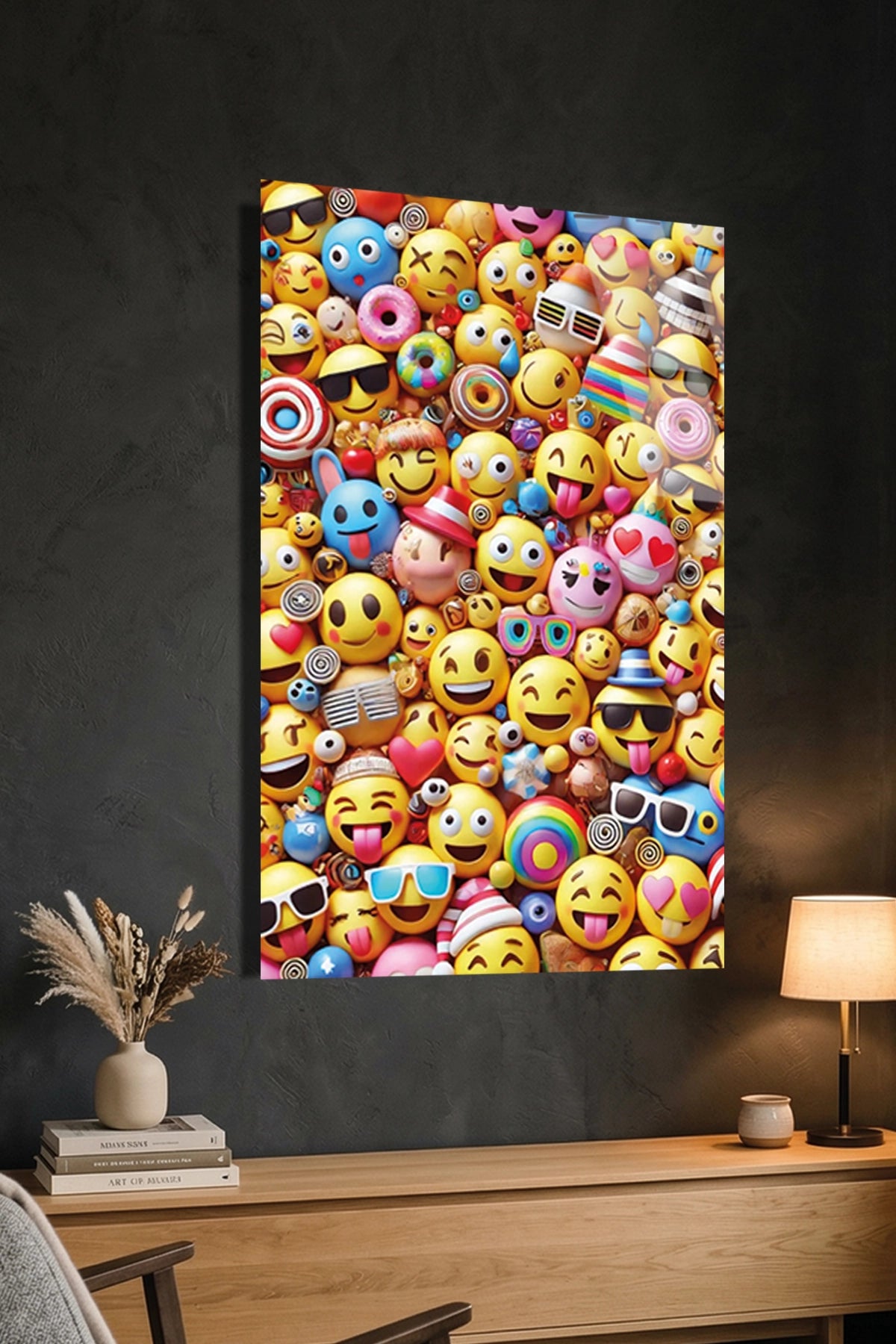Rengarenk Emoji ve Surat İfadeleri Desenli Cam Tablo