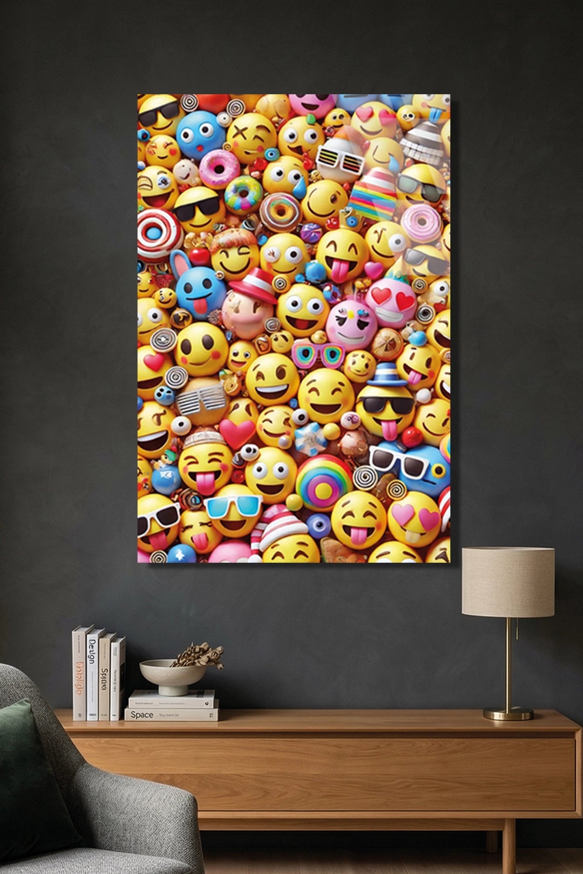Rengarenk Emoji ve Surat İfadeleri Desenli Cam Tablo