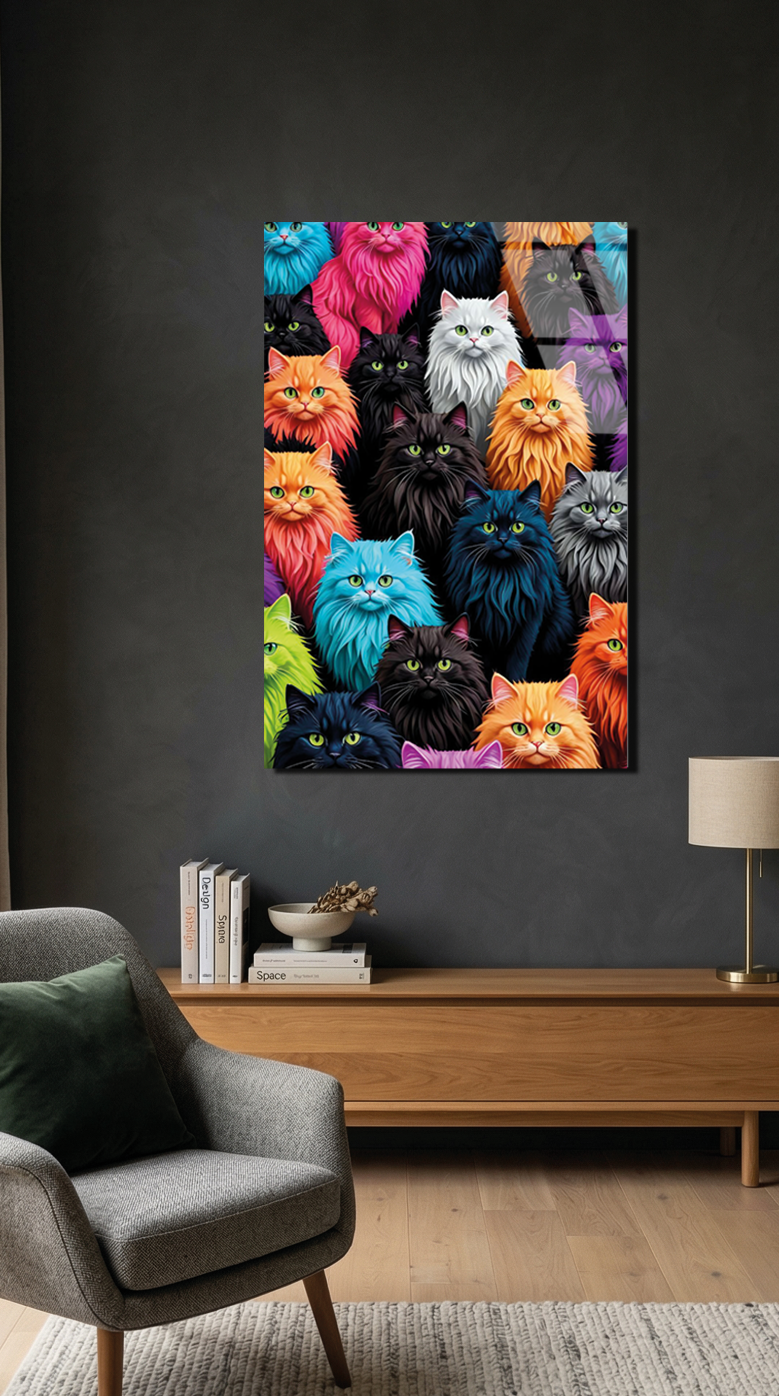 Rengarenk Estetik Tüylü Kedi Figürlü Modern Cam Tablo | Vitraum
