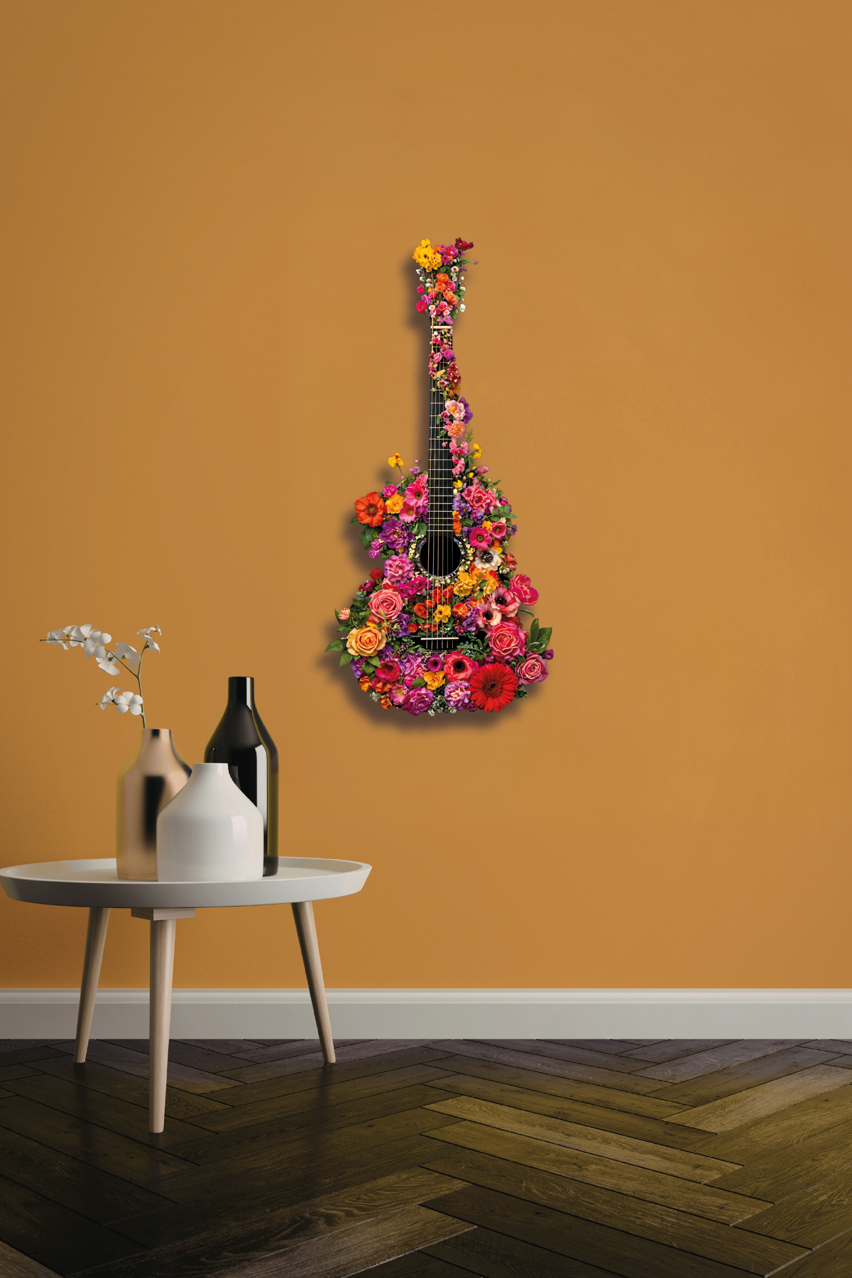 Renkli Çiçeklerden Oluşan Gitar Tasarım Metal Tablo