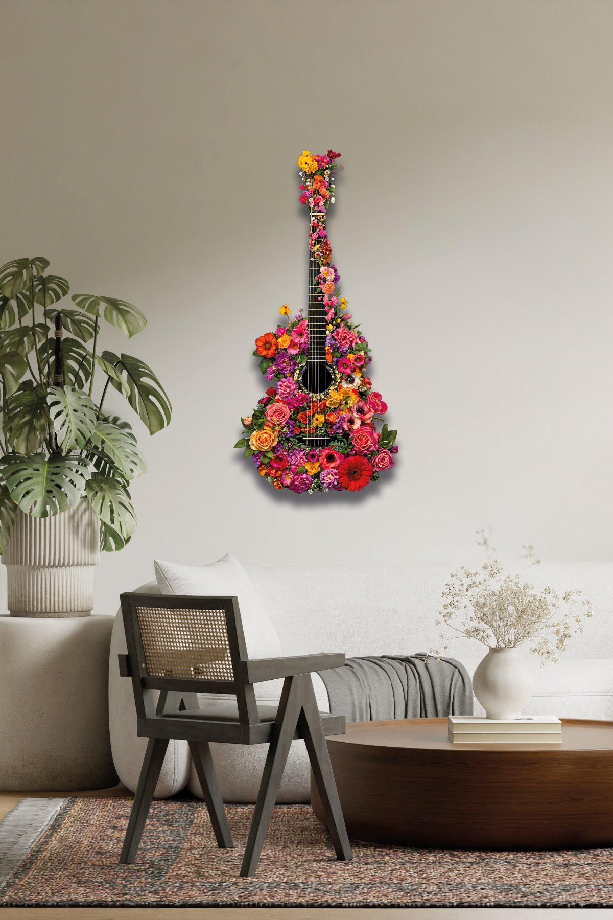 Renkli Çiçeklerden Oluşan Gitar Tasarım Metal Tablo