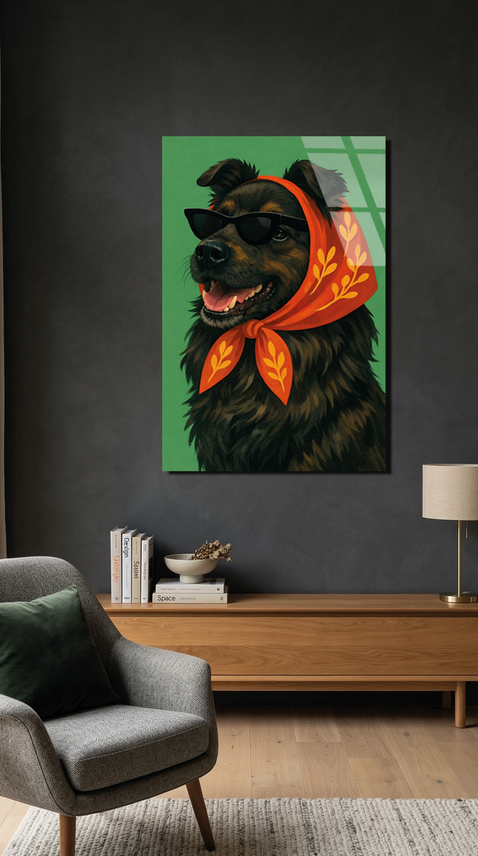 Renkli Esarplı Sevimli Köpek Portresi Cam Tablo | Vitraum