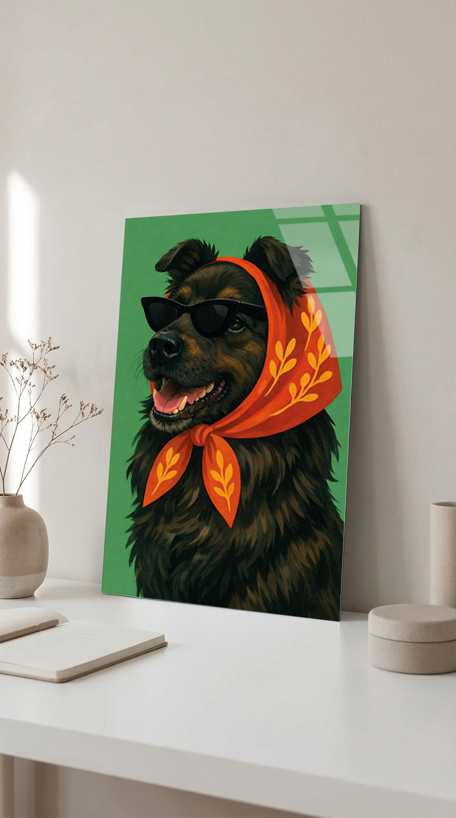 Renkli Esarplı Sevimli Köpek Portresi Cam Tablo | Vitraum