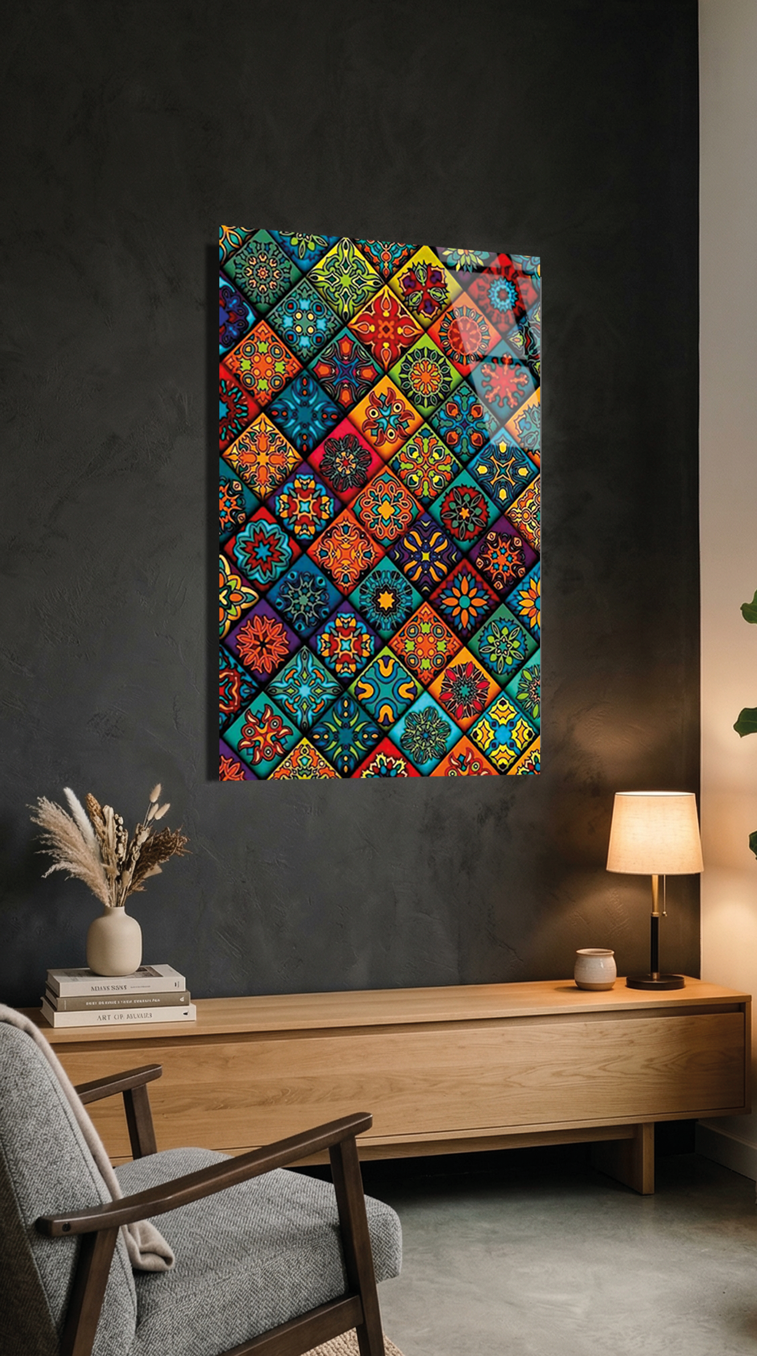 Renkli Etnik Bohem Desenli Modern Karo Sanatı Cam Tablo | Vitraum