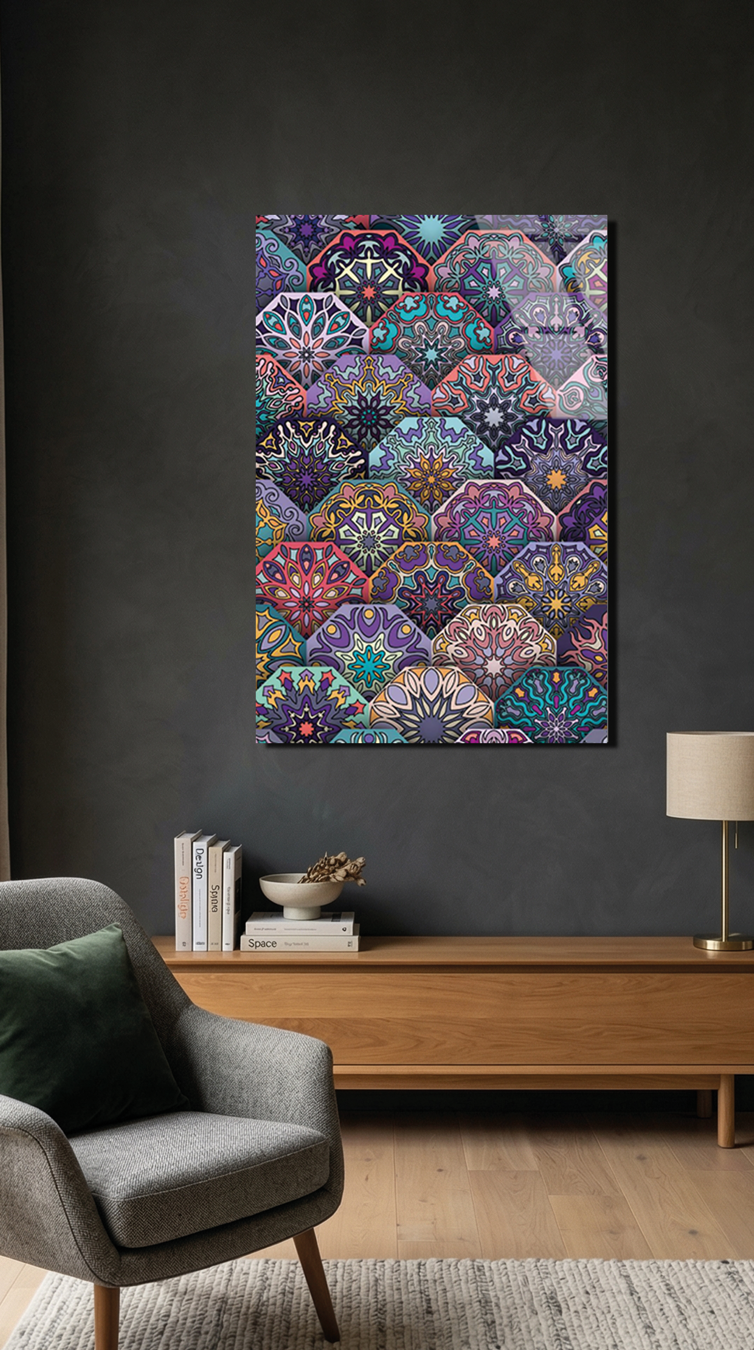 Renkli Geometrik Altıgen Mandala Deseni Cam Tablo | Vitraum
