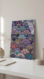 Renkli Geometrik Altıgen Mandala Deseni Cam Tablo | Vitraum