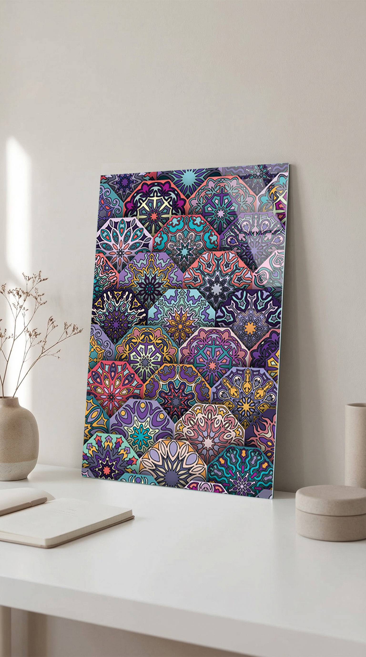 Renkli Geometrik Altıgen Mandala Deseni Cam Tablo | Vitraum