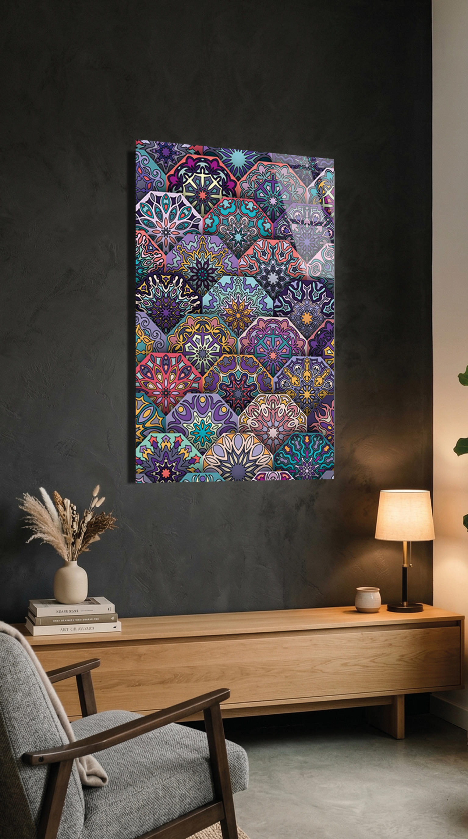 Renkli Geometrik Altıgen Mandala Deseni Cam Tablo | Vitraum