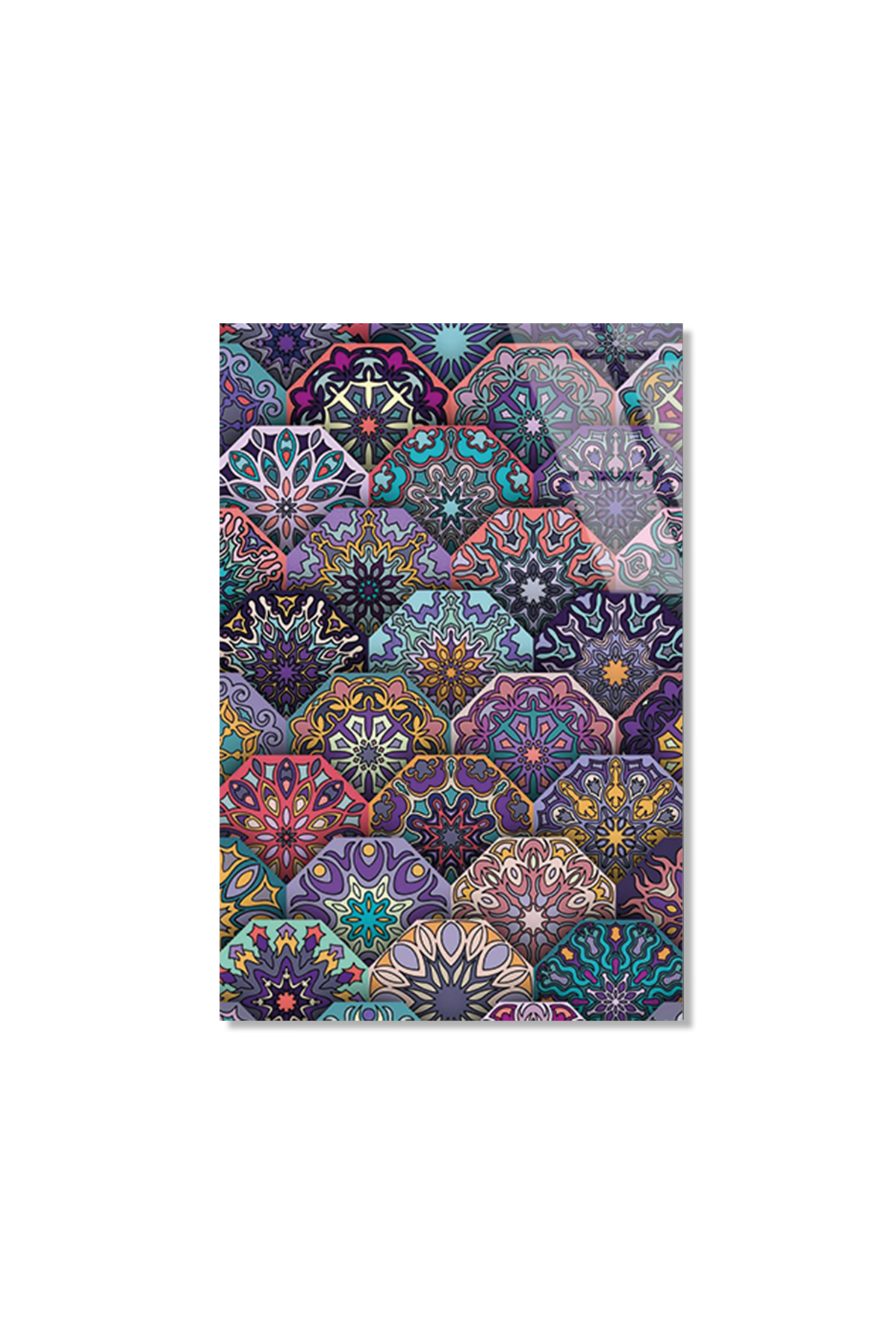 Renkli Geometrik Altıgen Mandala Deseni Cam Tablo | Vitraum