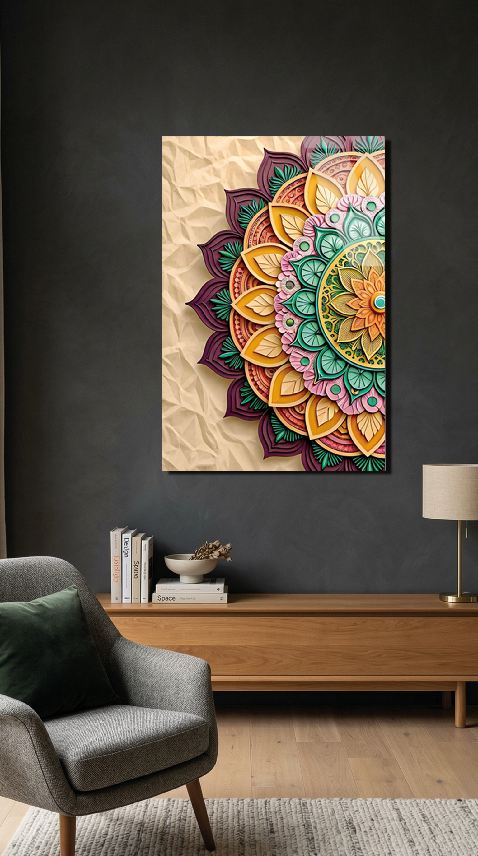 Renkli Geometrik Mandala Çizimi Cam Tablo | Vitraum