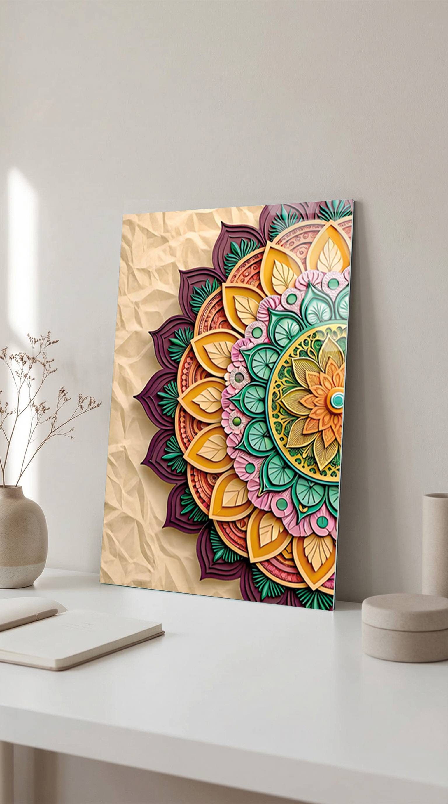 Renkli Geometrik Mandala Çizimi Cam Tablo | Vitraum