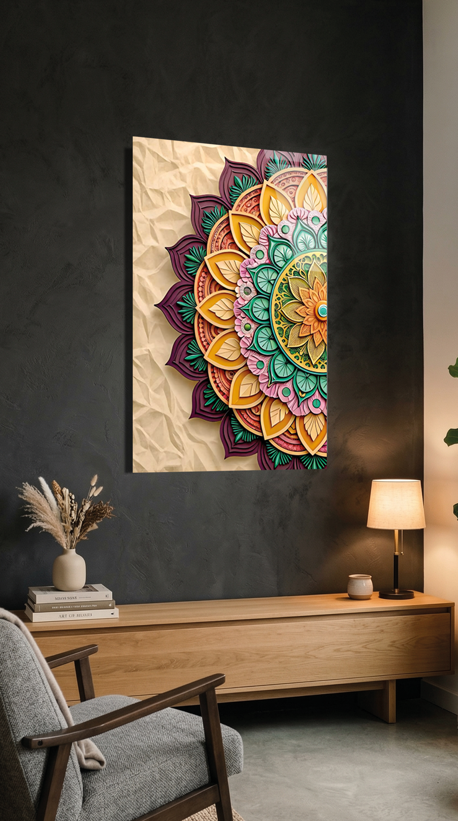 Renkli Geometrik Mandala Çizimi Cam Tablo | Vitraum