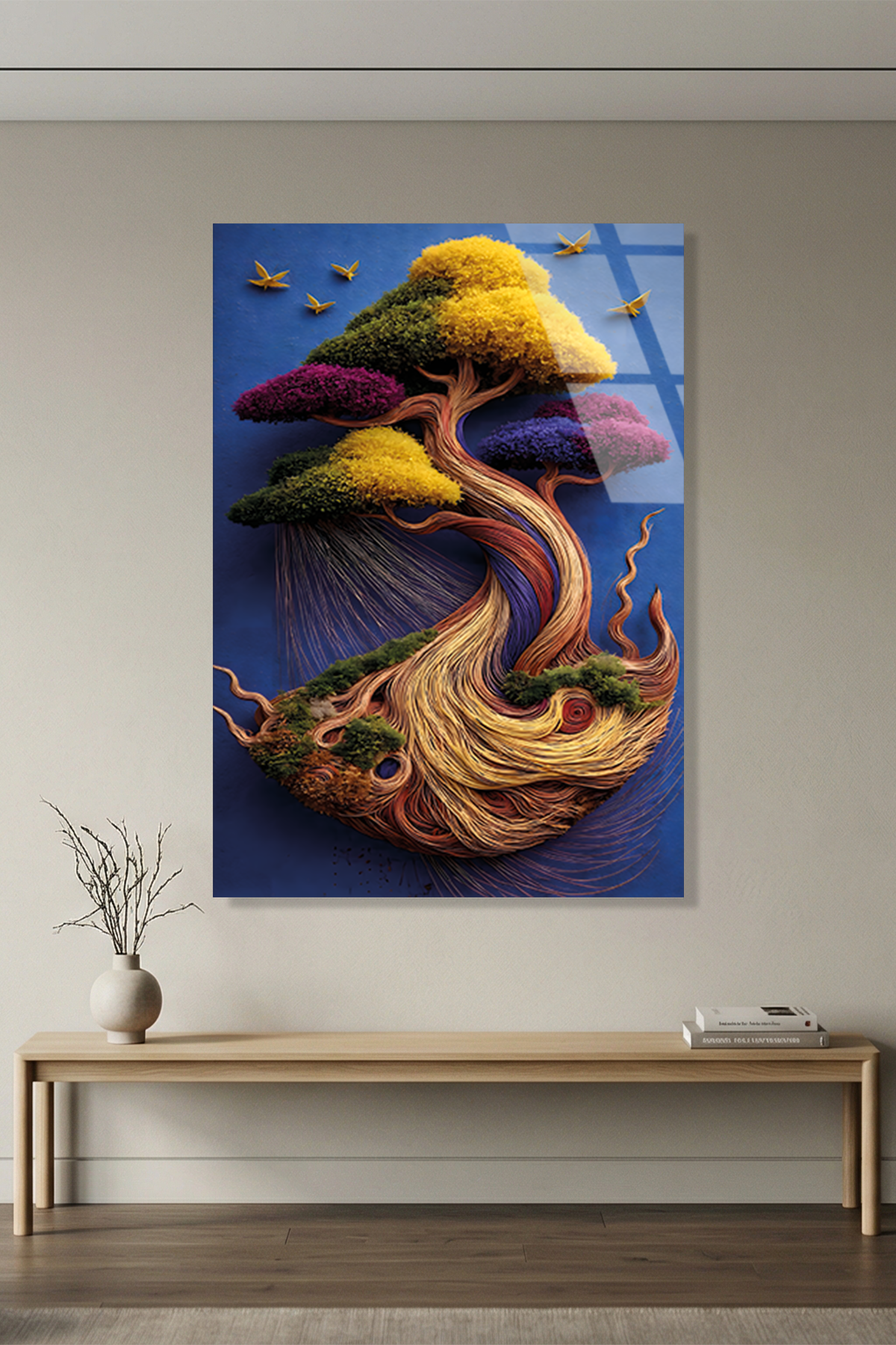 Renkli Hayat Ağacı ve Mistik Bonsai Tasarımı Cam Tablo