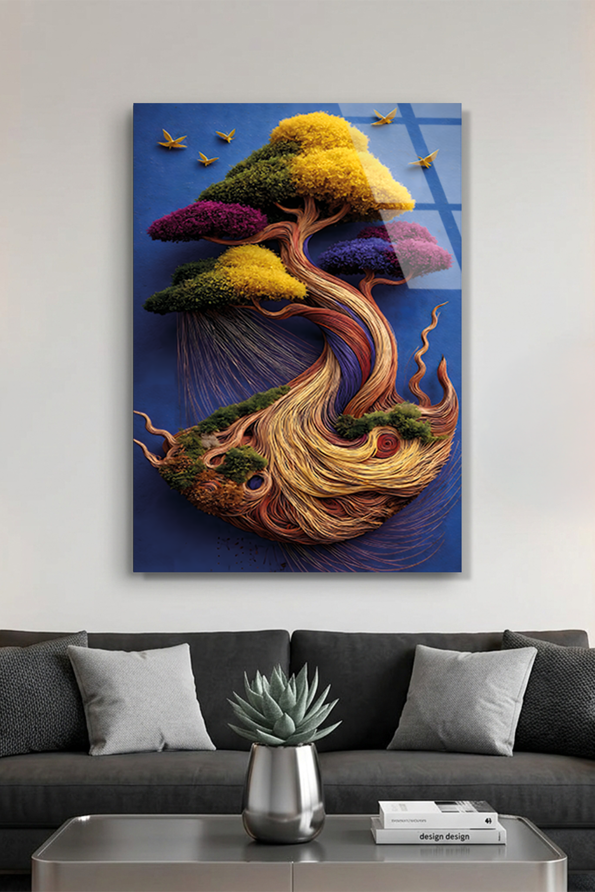 Renkli Hayat Ağacı ve Mistik Bonsai Tasarımı Cam Tablo