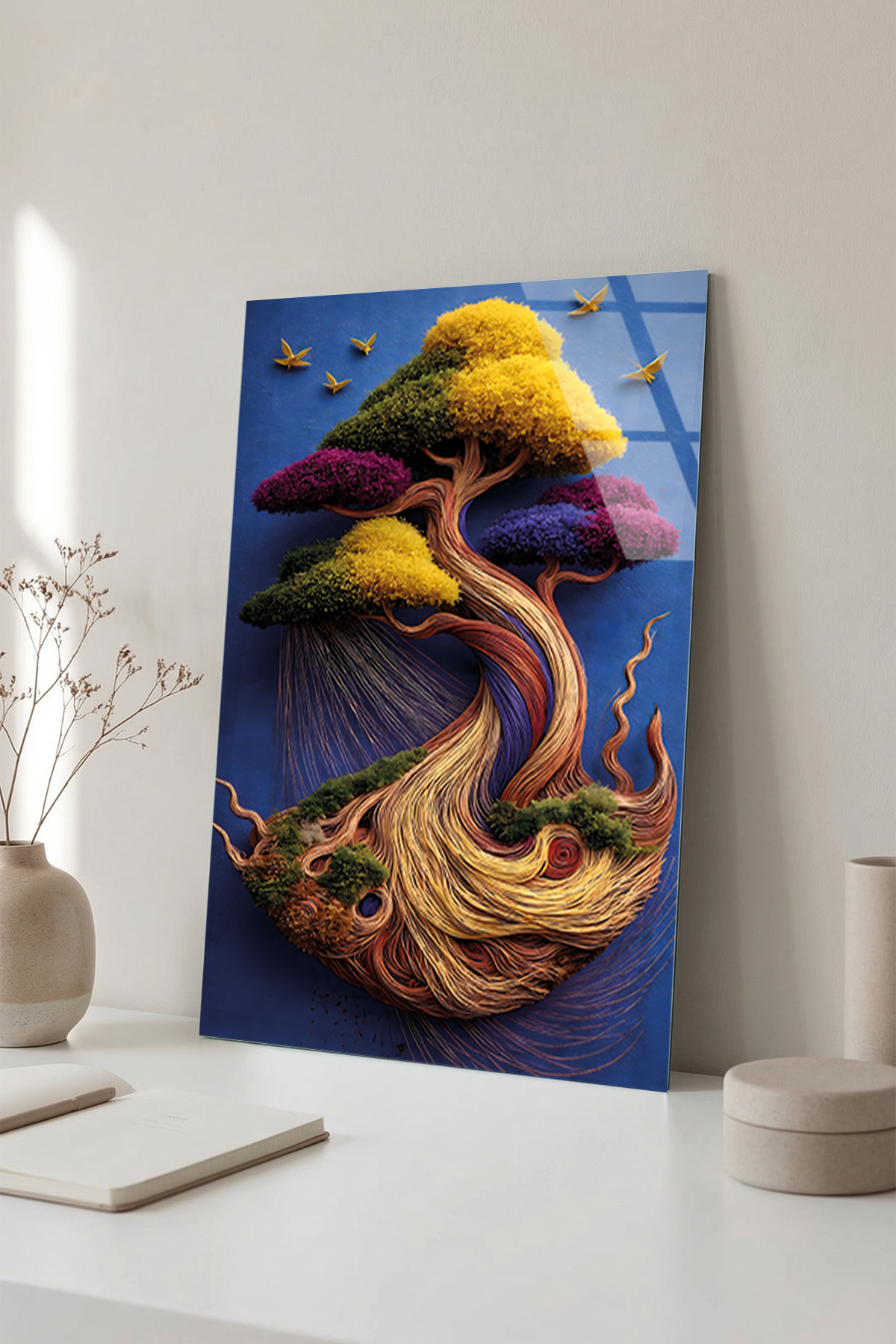 Renkli Hayat Ağacı ve Mistik Bonsai Tasarımı Cam Tablo