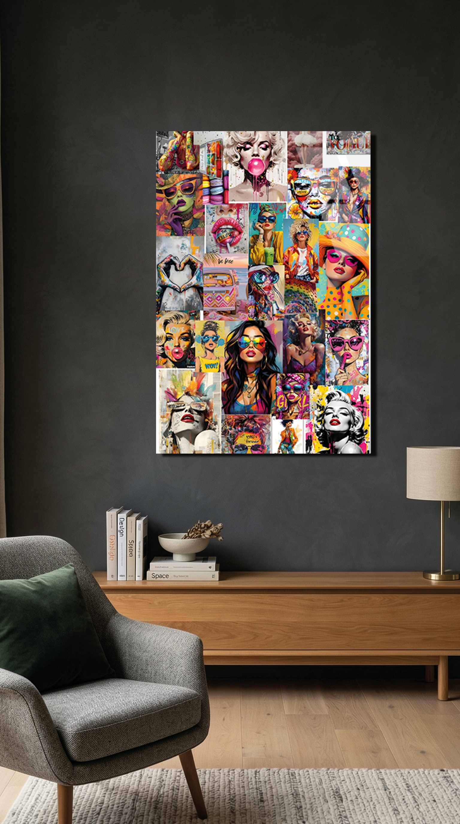 Renkli Pop Art Karakterler Kolaj Tasarımlı Cam Tablo | Vitraum
