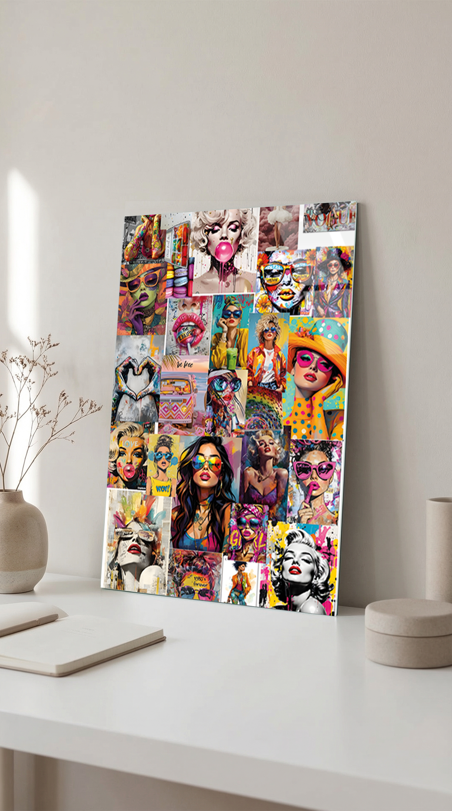 Renkli Pop Art Karakterler Kolaj Tasarımlı Cam Tablo | Vitraum