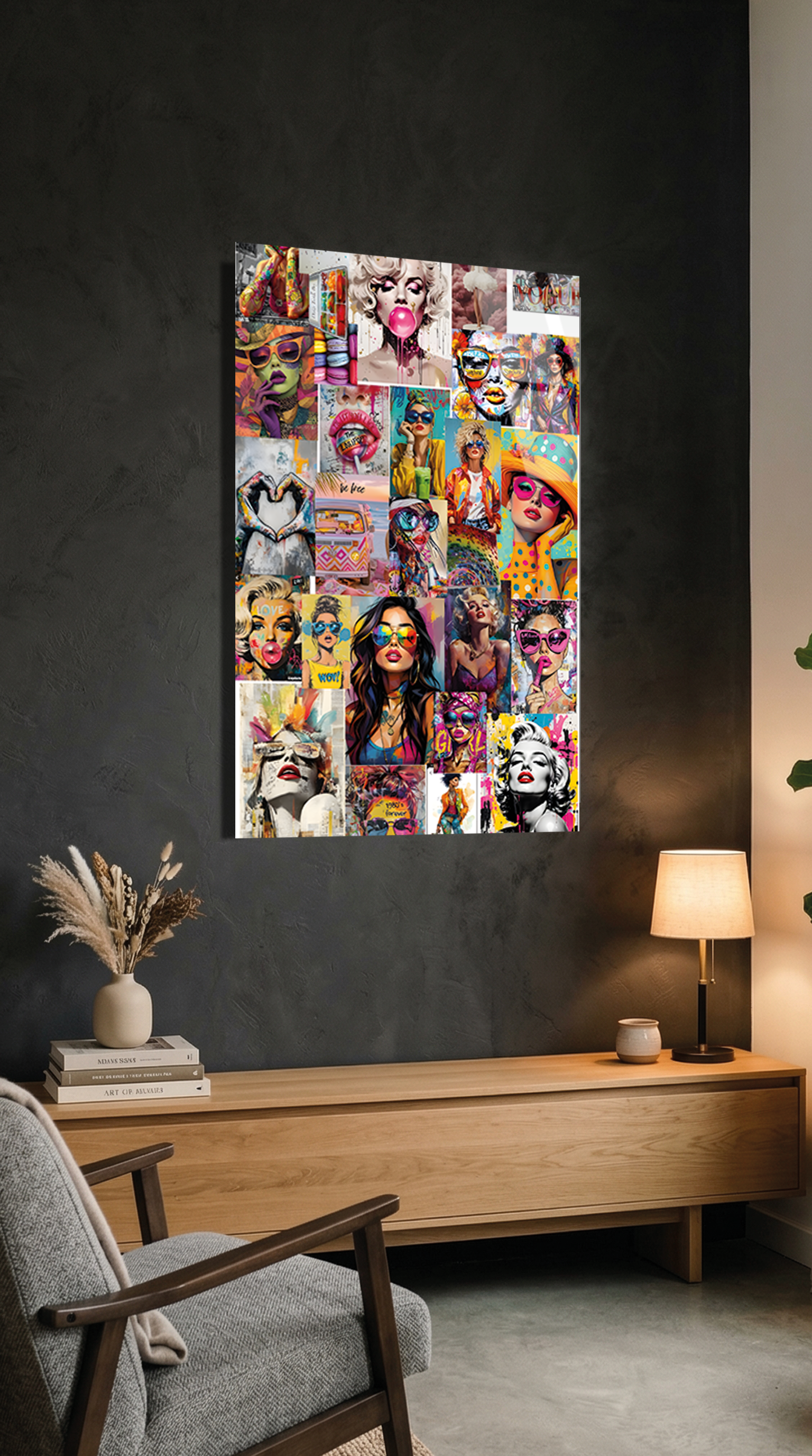 Renkli Pop Art Karakterler Kolaj Tasarımlı Cam Tablo | Vitraum