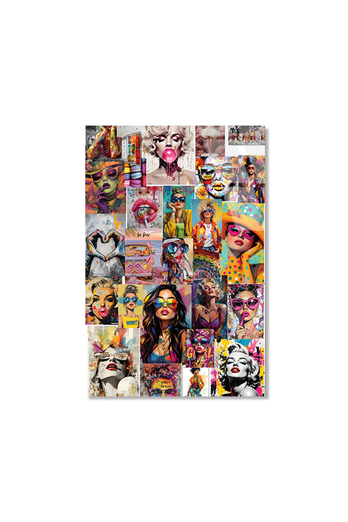 Renkli Pop Art Karakterler Kolaj Tasarımlı Cam Tablo | Vitraum