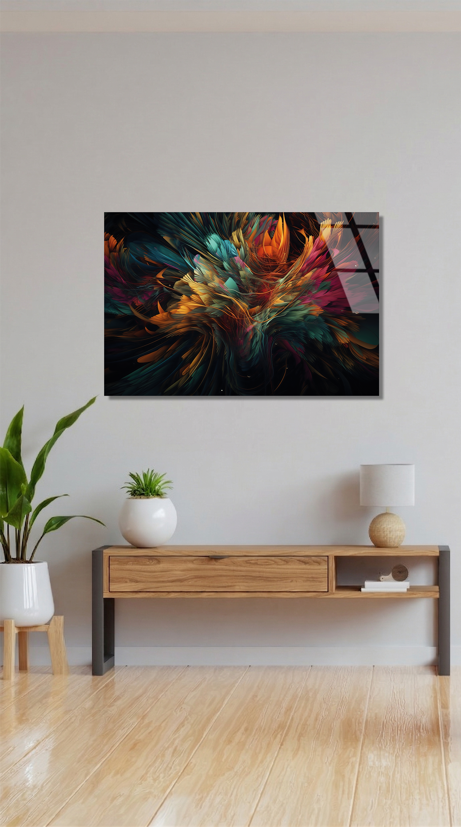 Renkli Soyut Tuy ve Akışkan Desenli Modern Sanat Cam Tablo | Vitraum