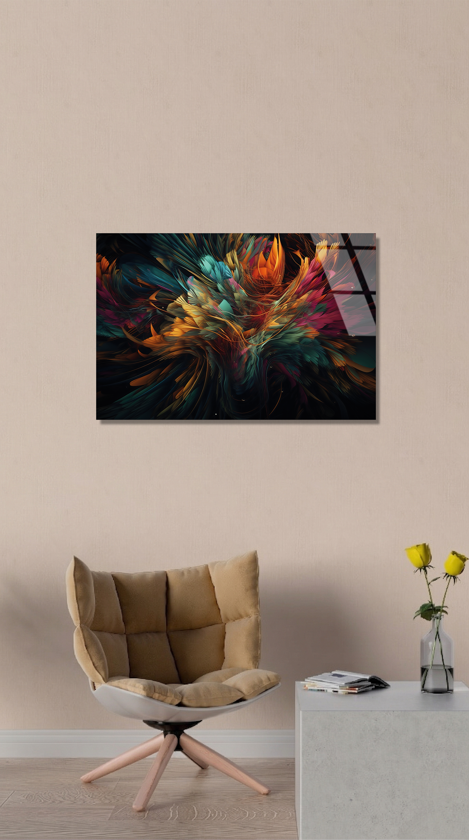 Renkli Soyut Tuy ve Akışkan Desenli Modern Sanat Cam Tablo | Vitraum