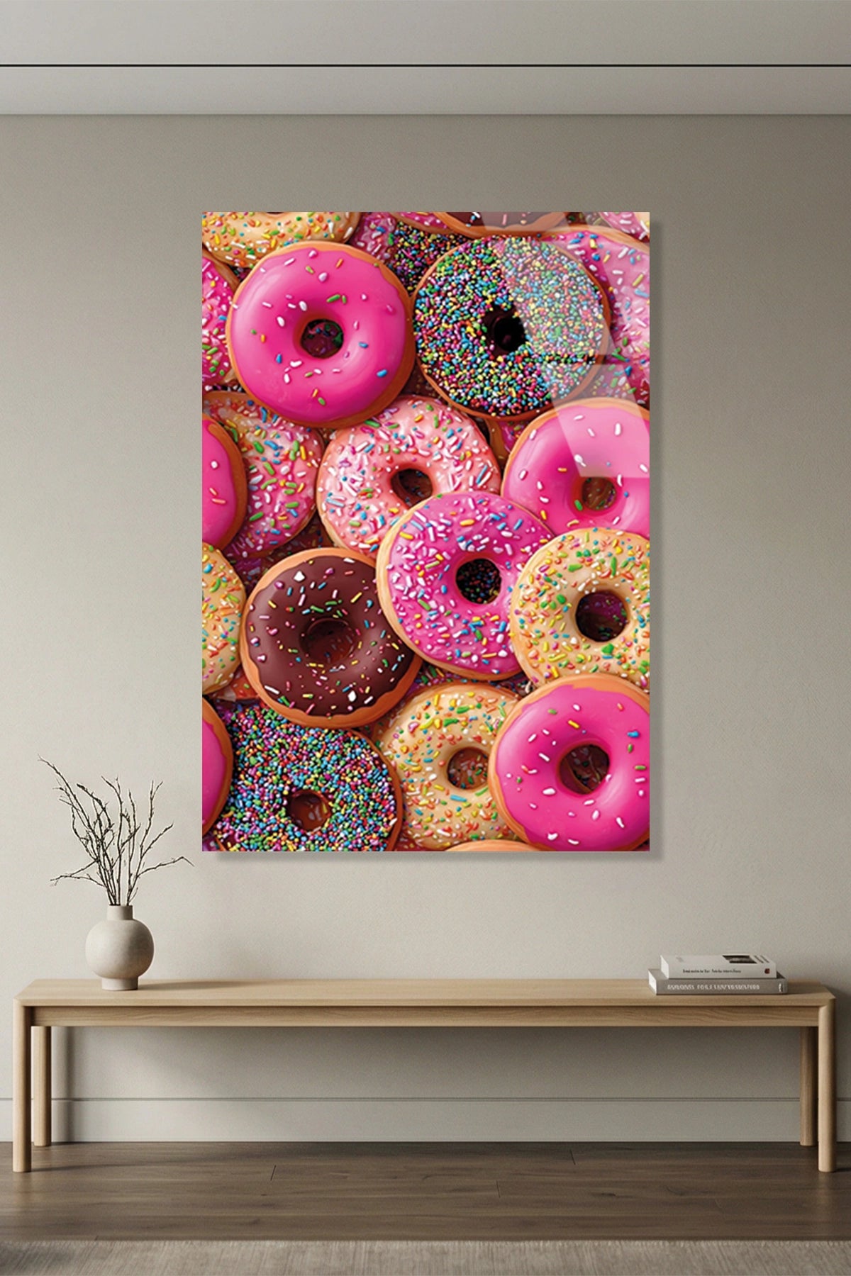 Renkli ve Çikolatalı Tatlı Donut Desenli Mutfak Cam Tablo