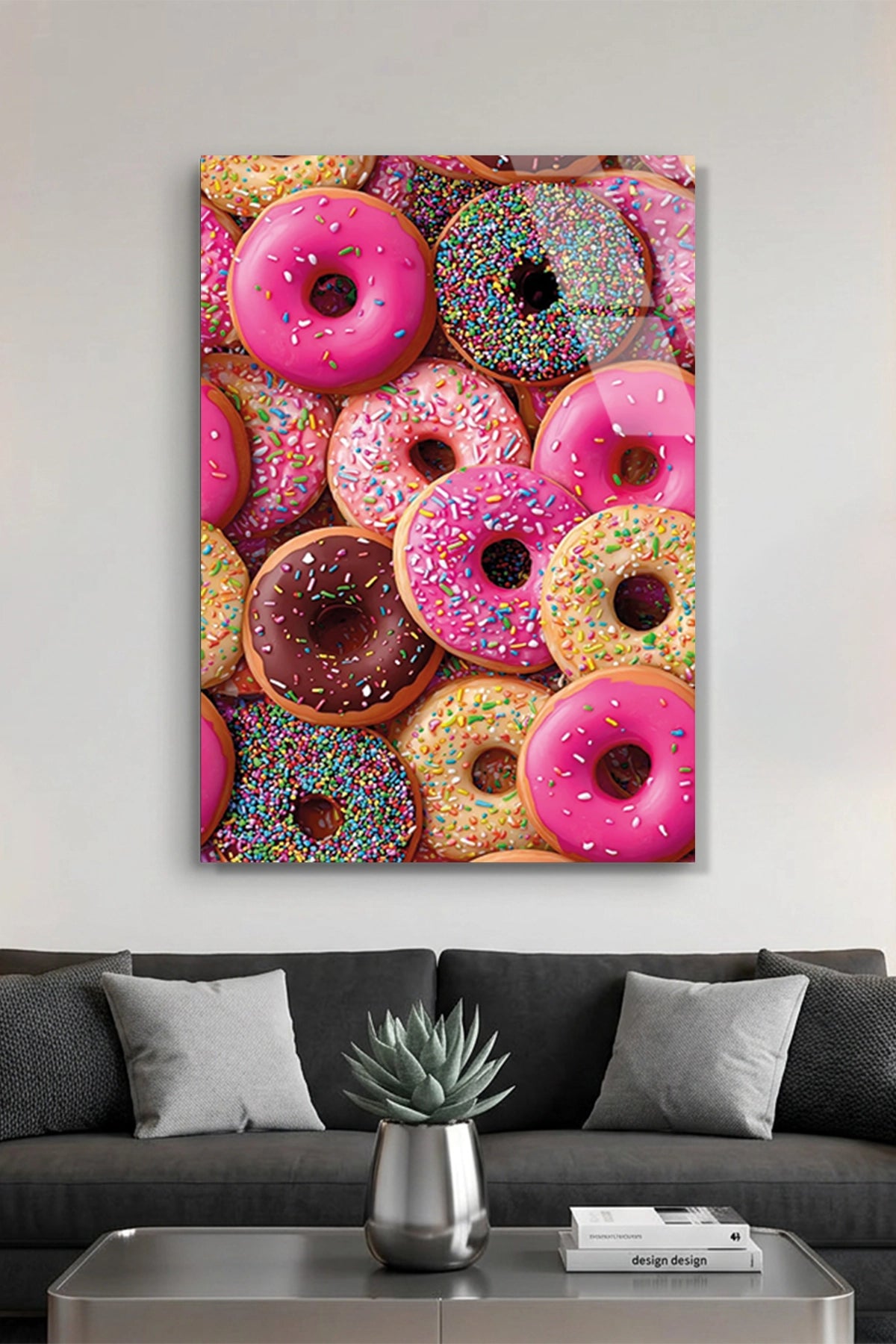 Renkli ve Çikolatalı Tatlı Donut Desenli Mutfak Cam Tablo