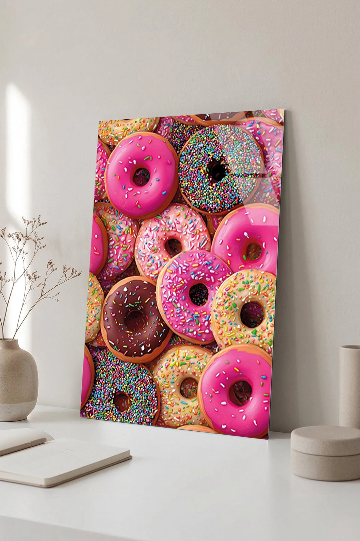 Renkli ve Çikolatalı Tatlı Donut Desenli Mutfak Cam Tablo