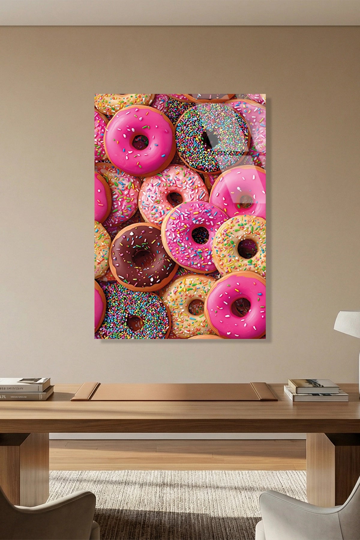 Renkli ve Çikolatalı Tatlı Donut Desenli Mutfak Cam Tablo