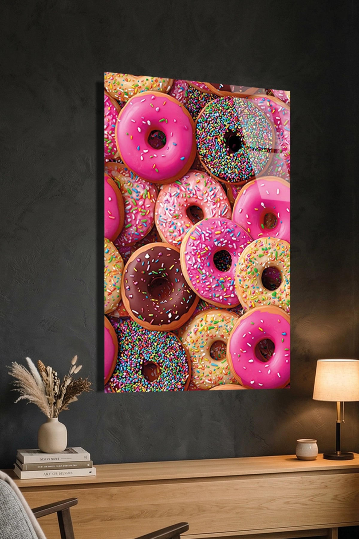 Renkli ve Çikolatalı Tatlı Donut Desenli Mutfak Cam Tablo