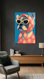 Retro Gözlüklü Fransız Bulldog Cam Tablo | Vitraum