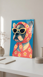 Retro Gözlüklü Fransız Bulldog Cam Tablo | Vitraum