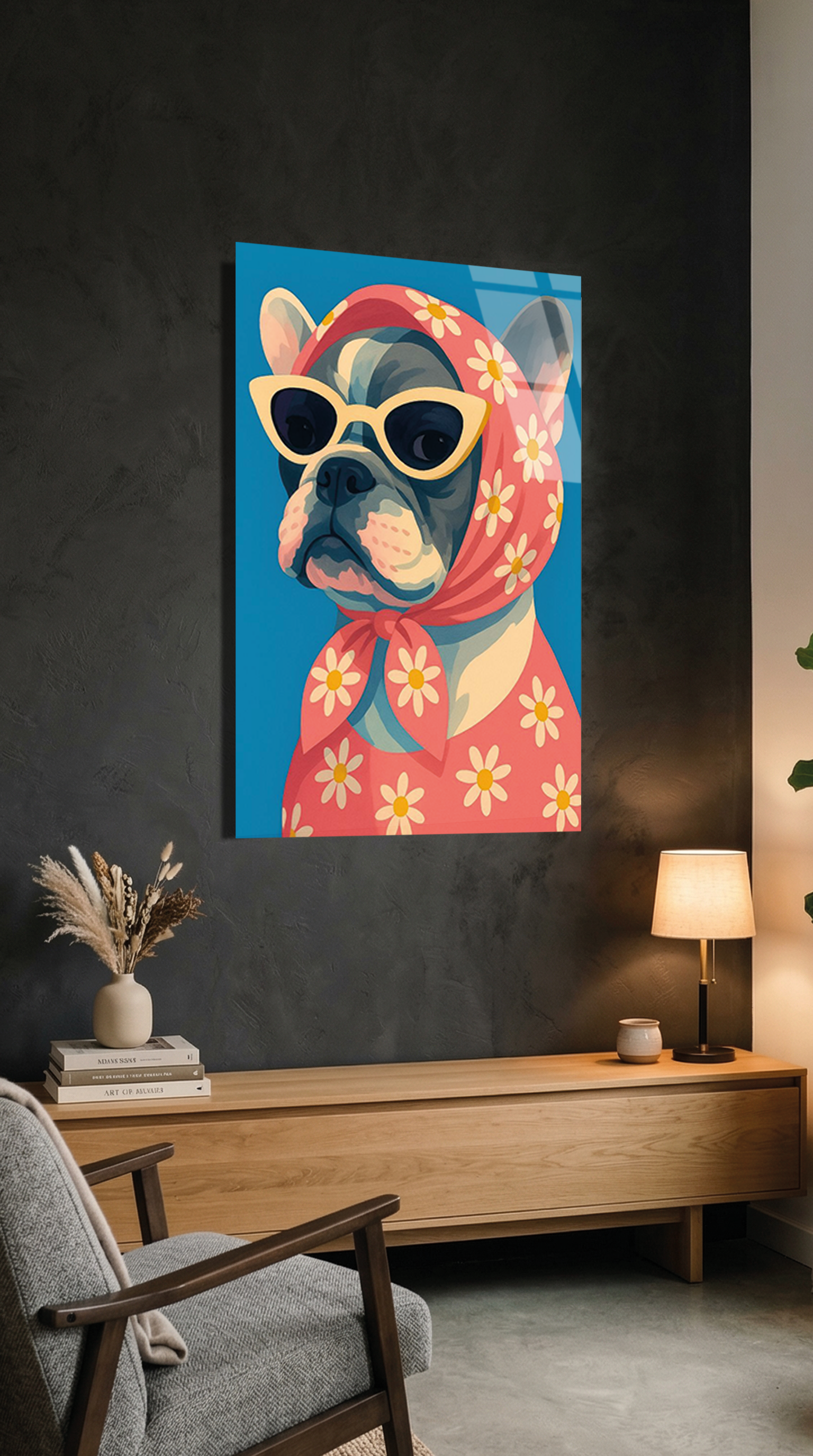 Retro Gözlüklü Fransız Bulldog Cam Tablo | Vitraum