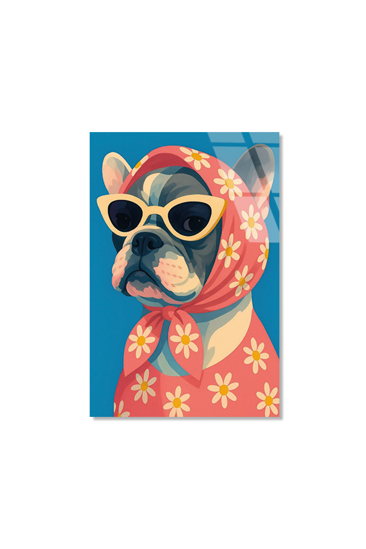 Retro Gözlüklü Fransız Bulldog Cam Tablo | Vitraum