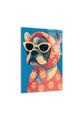 Retro Gözlüklü Fransız Bulldog Cam Tablo | Vitraum