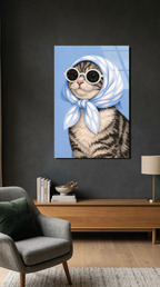 Retro Modern Havalı Kedi Portresi Cam Tablo | Vitraum