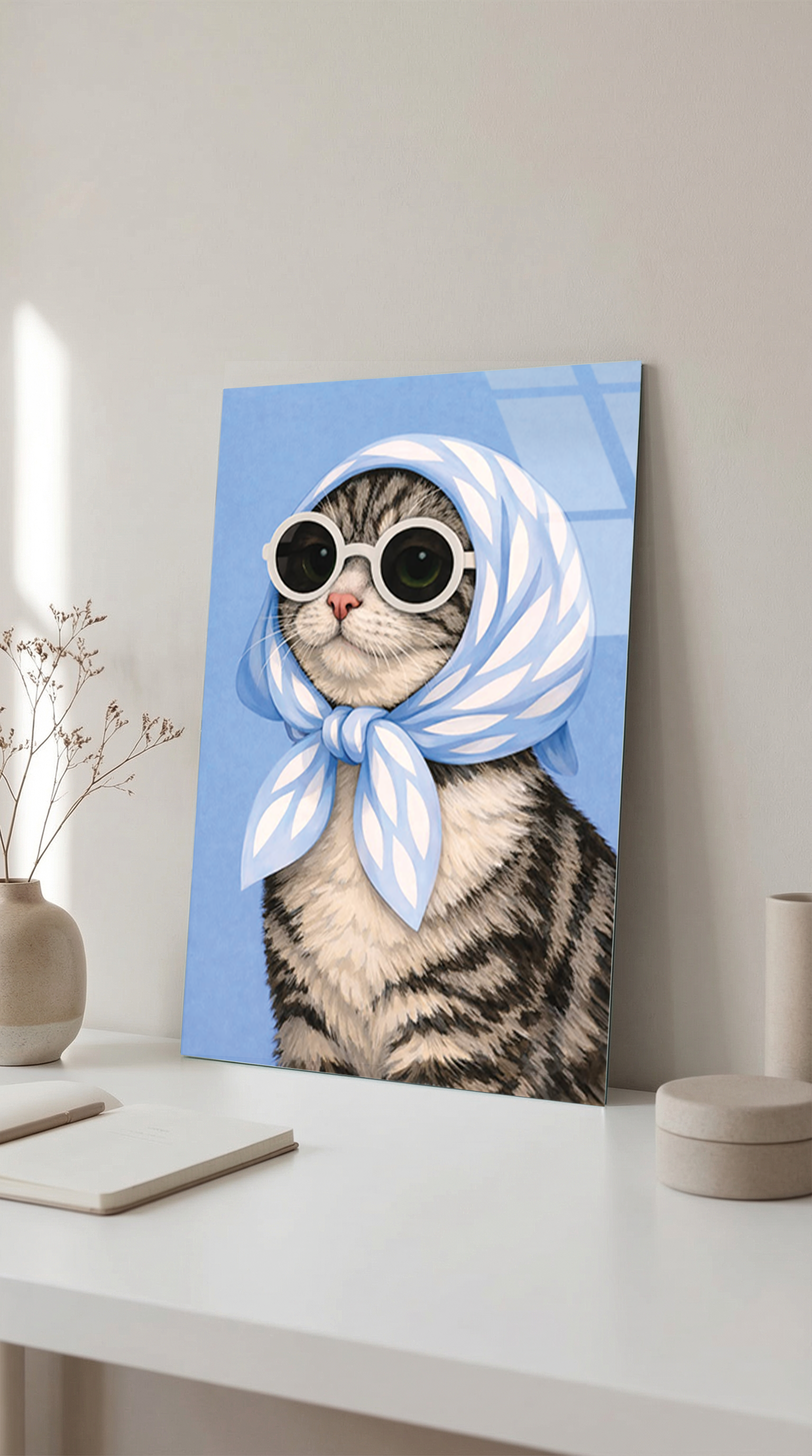 Retro Modern Havalı Kedi Portresi Cam Tablo | Vitraum