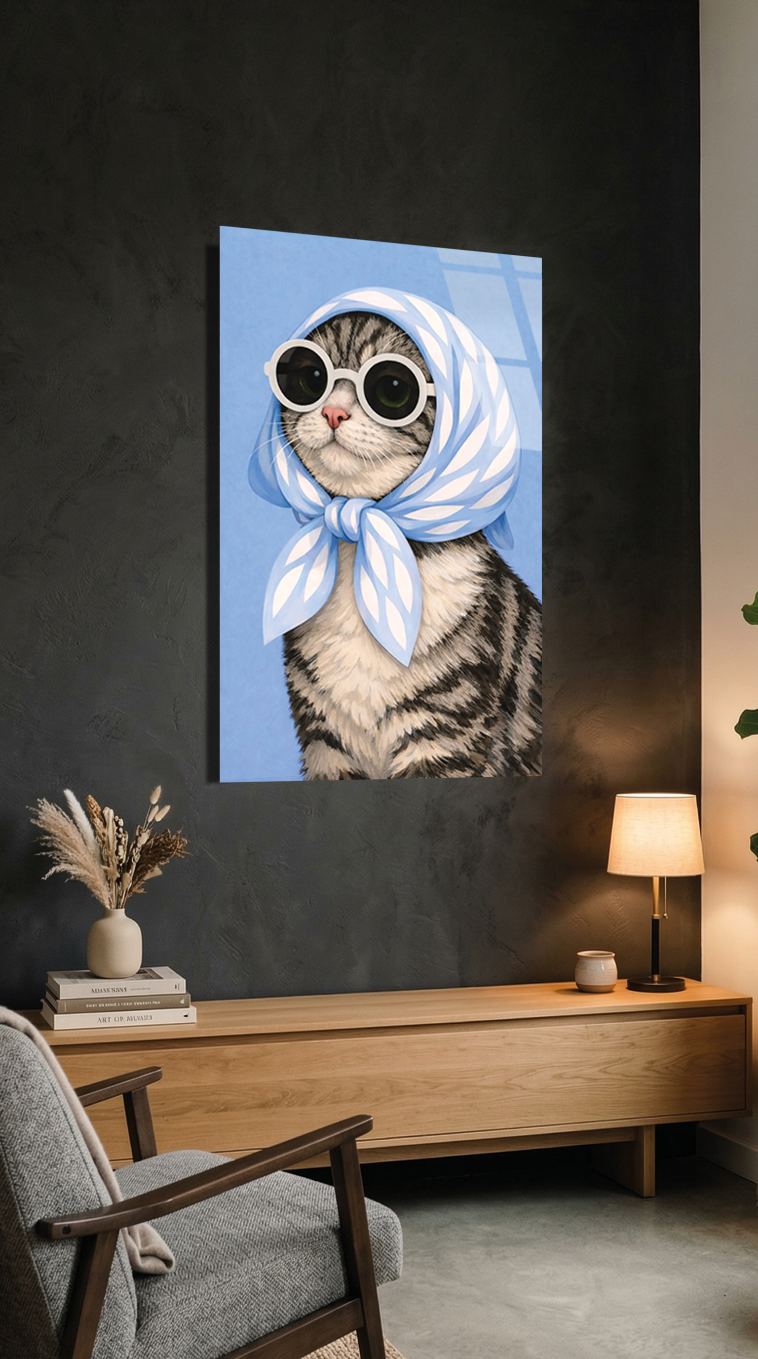 Retro Modern Havalı Kedi Portresi Cam Tablo | Vitraum