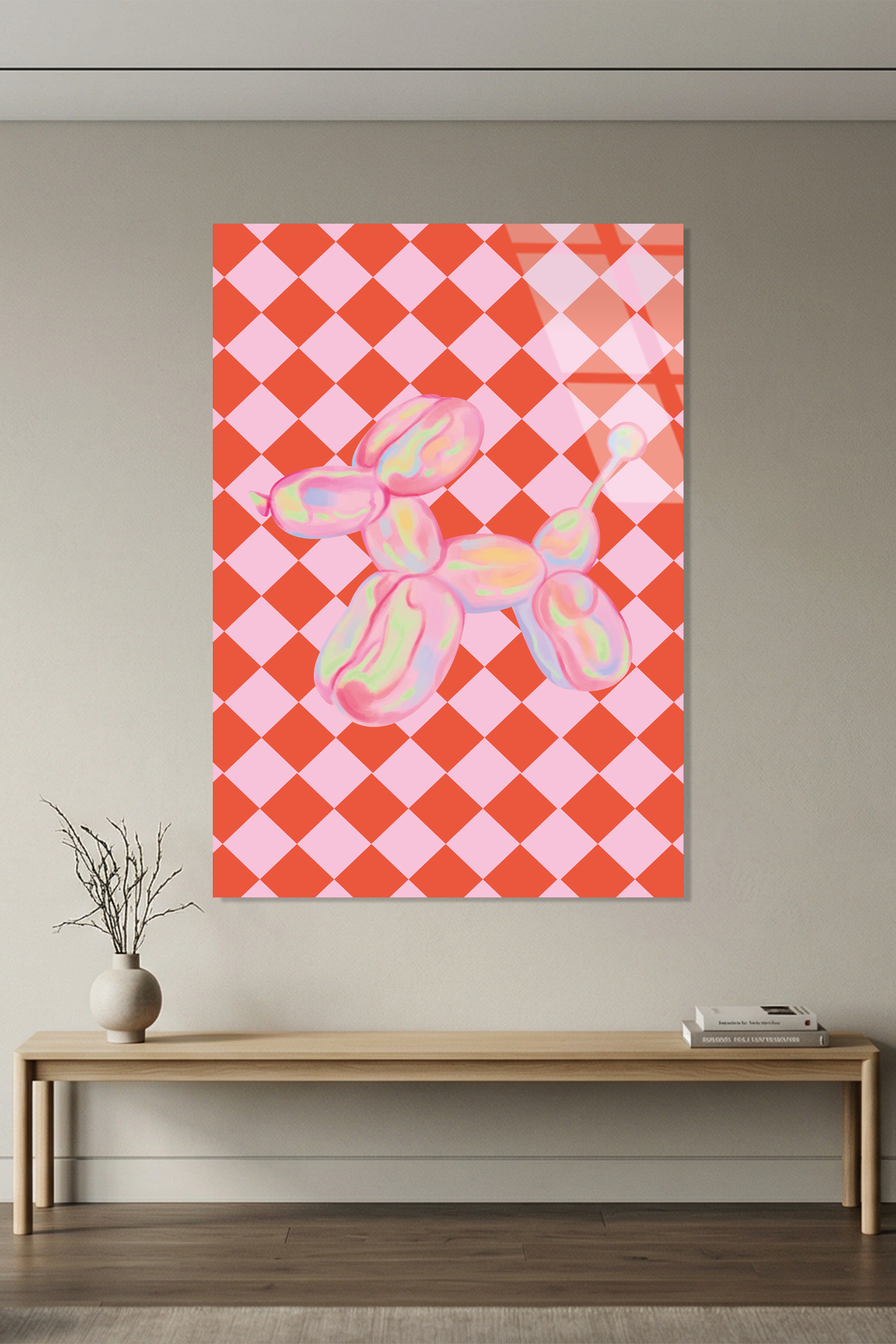 Retro Pembe Kırmızı Damalı Balon Köpek Cam Tablo