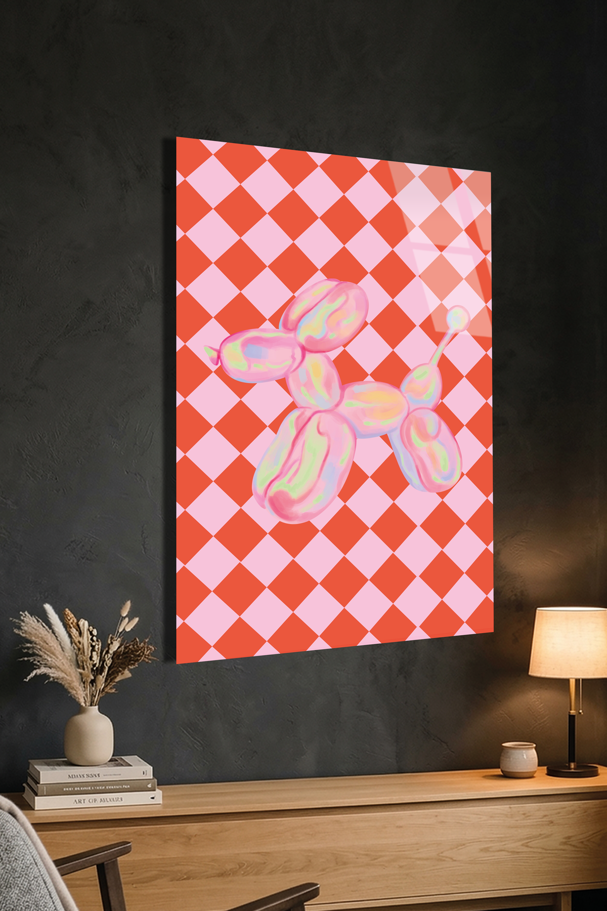 Retro Pembe Kırmızı Damalı Balon Köpek Cam Tablo