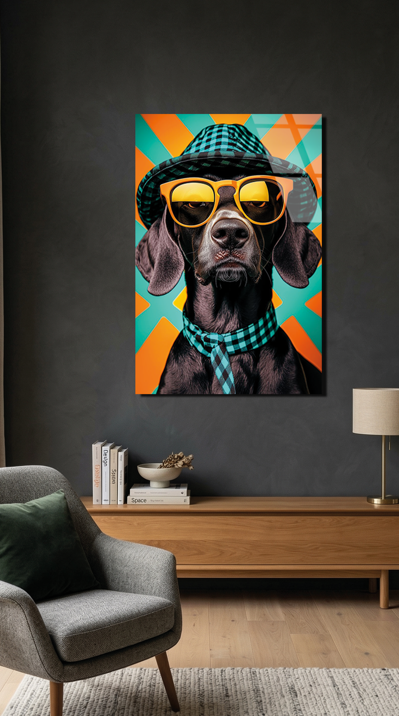 Retro Stil Gözlüklü ve Şapkalı Köpek Cam Tablo | Vitraum